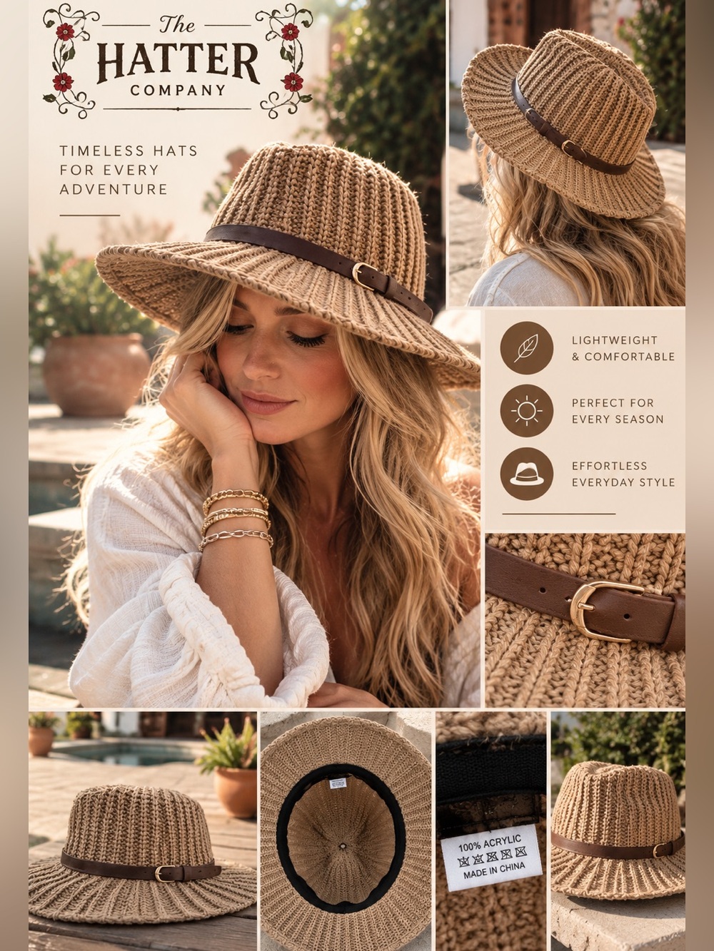 Women's Tan Knit Sun Hat with Brown Band